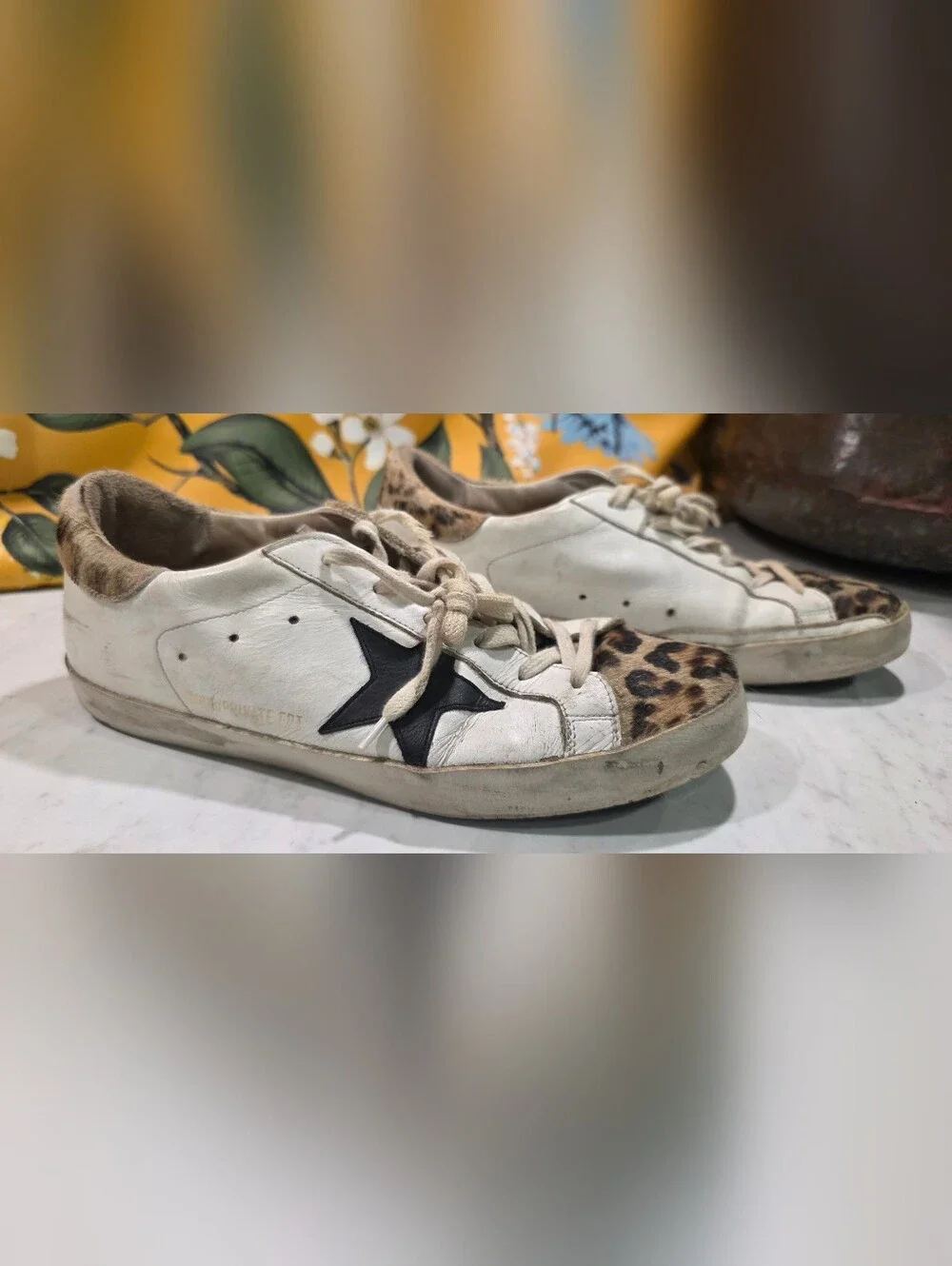Golden Goose White Leather Sneakers with Leopard Toe and Black Star